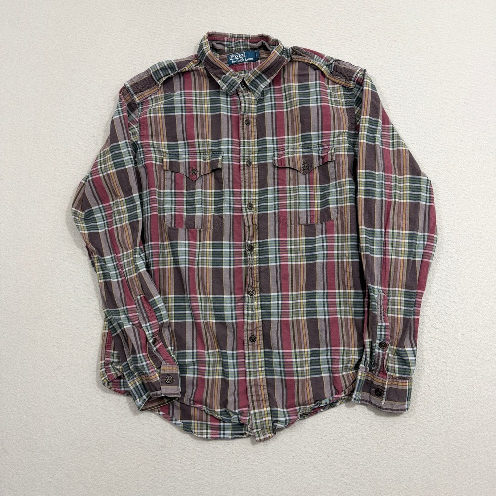 Polo Ralph Lauren Shirt Mens XL Multicolor Plaid Button Up Epaulets Long Sleeve